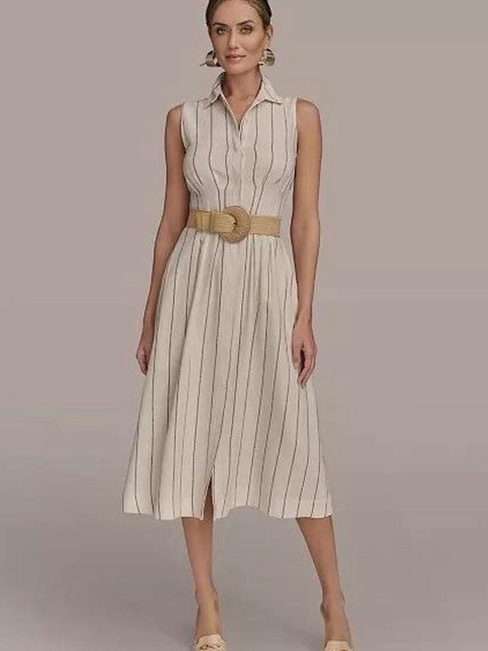 Donna Karan Cream Sleeveless Striped Midi Dress